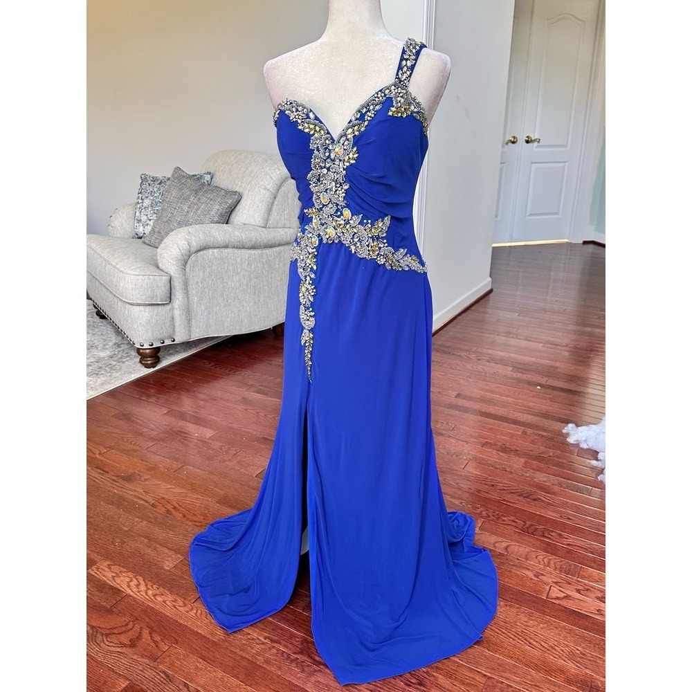 Vintage May Queen USA Royal Blue One Shoulder Embellished Gown Dress Size 12 - Picture 3 of 12